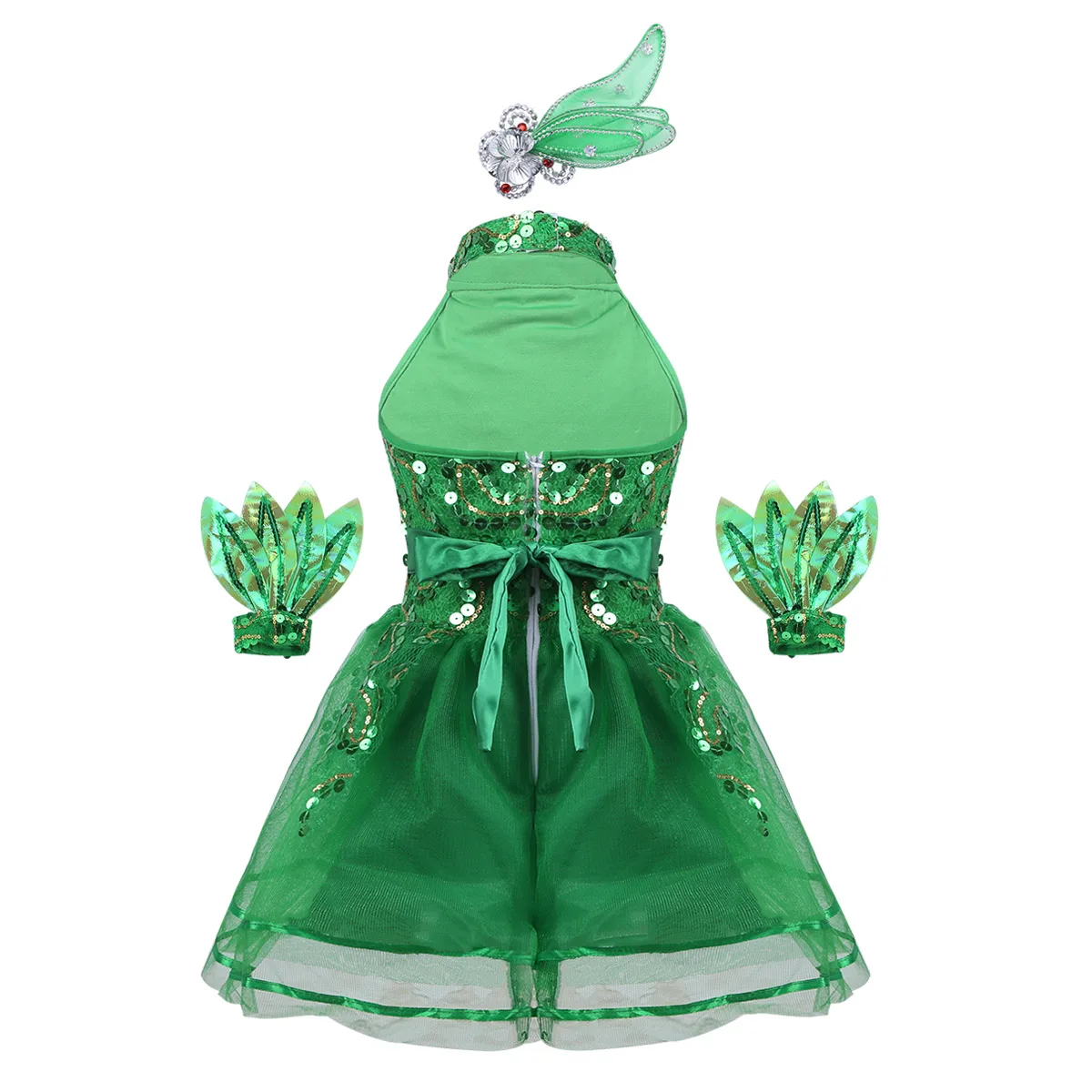 Sequins Ballet Tutu Dress Kids Girls Green Halter Jazz Dance Costume Outfits Shiny Tulle Sleeveless Stage Dancing Leotards