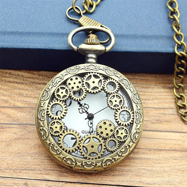 

Antique Copper Steampunk Vintage Hollow Bronze Gear Hollow Quartz Pocket Watch Necklace Pendant Clock Chain Men's Women 2019