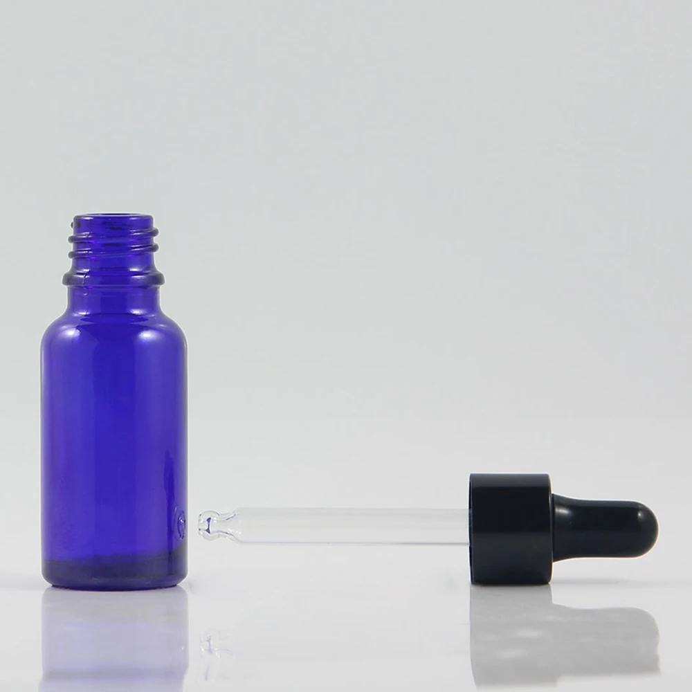 

Blue glass liquid reagent pipette dropper bottle 20ml with black dropper for eye oil packaging