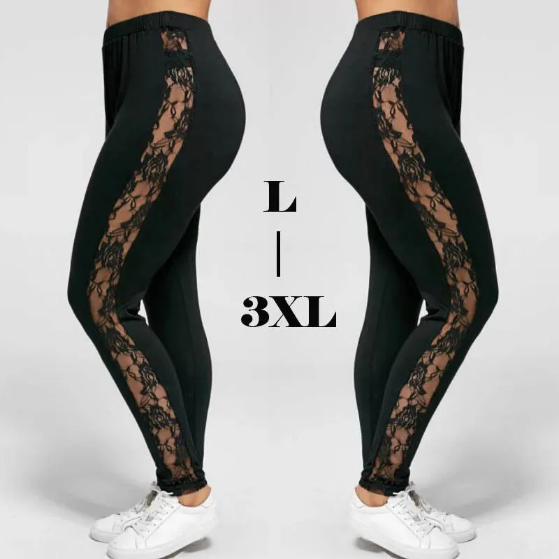 حجم كبير الدانتيل يصل طماق الدانتيل 2019 الربيع الصيف نحيل Leggins النساء سروال شكل قلم رصاص بنطلون بناطيل سوداء كبيرة الحجم 3XL