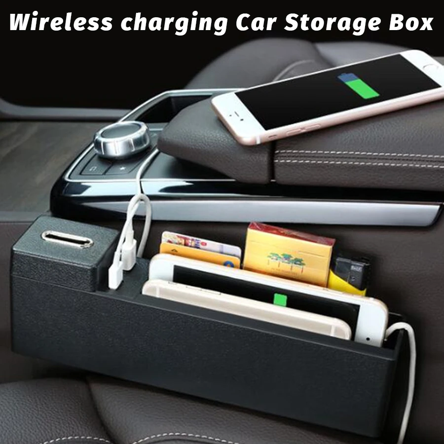 

1pcs Black Wireless charging Car Seat Crevice Storage Box multi-function For Books Phones Cards Cigarette Coins