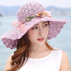 Summer Flower Raffia Bow Sun Hat Women Large Brimmed Hat Folding Beach Sun Hat Sun Protection Uv Panama Hat With Capeu Bone