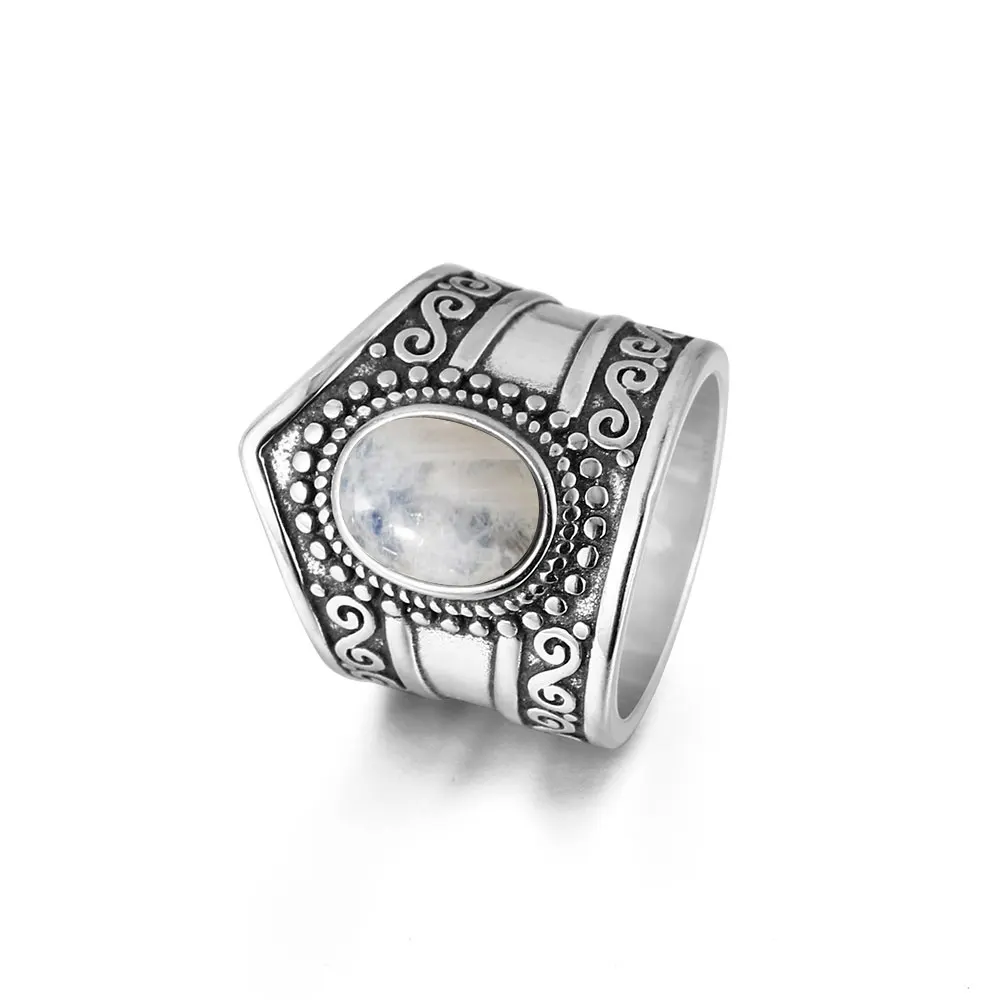 New Vintage Natural Moonstone Ring for Women 7*9MM Oval Big Gemstone S925 Silver Rings Fashion Personality Fine Jewelry Gifts