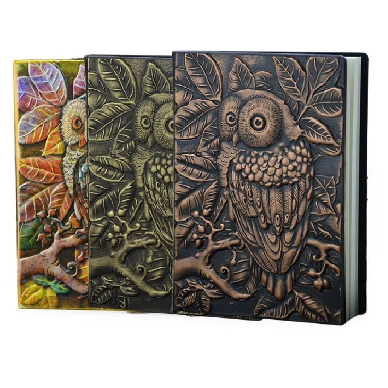 1PCS Vintage Thick Handmade Leather Carving Owl Notebook Journal Cute Sketchbook Paper Weekly Planner Accessories 01663