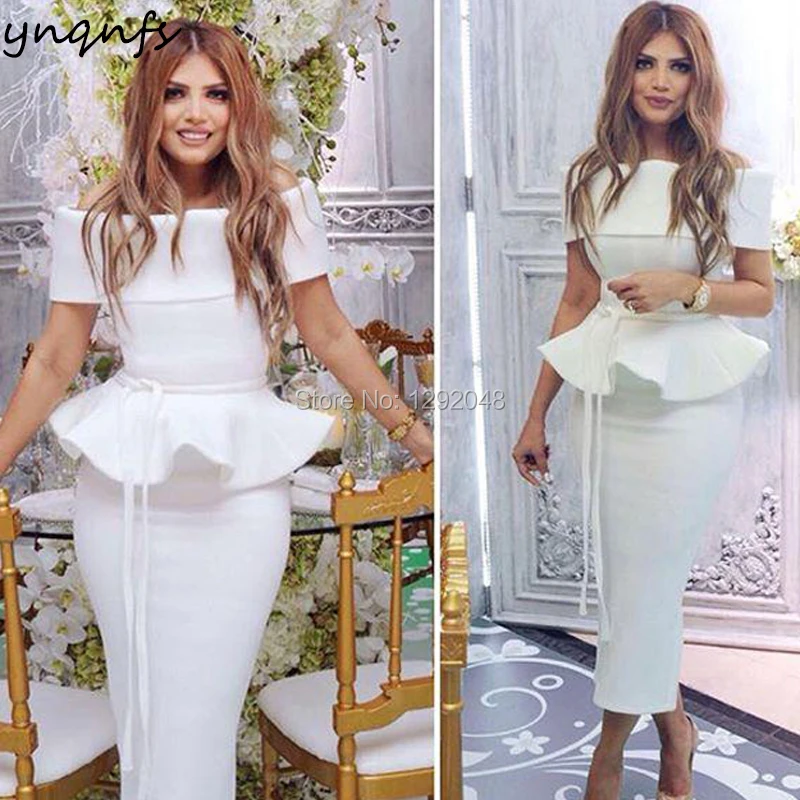 YNQNFS E12 Elegant Off Shoulder Tea Length Satin Off White Party Gown Robe Cocktail Dresses Lotus leaf pendulum decoration