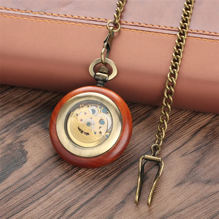 Red Wooden Mechanical Pocket Watch Automatic Self-Wind Pocket Pendant Clock Luxury Watch for Men Women with 30cm Bronze Chain