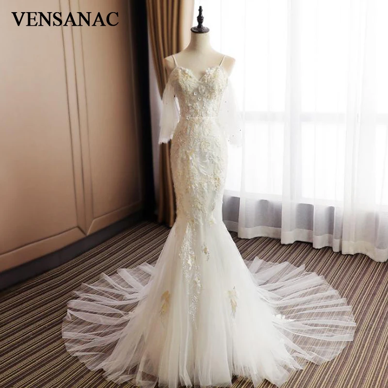 VENSANAC Beading Sweetheart Ren Hoa Appliques Mermaid Wedding Dresses Spaghetti Dây Đeo Tòa Train Backless Bridal Gowns