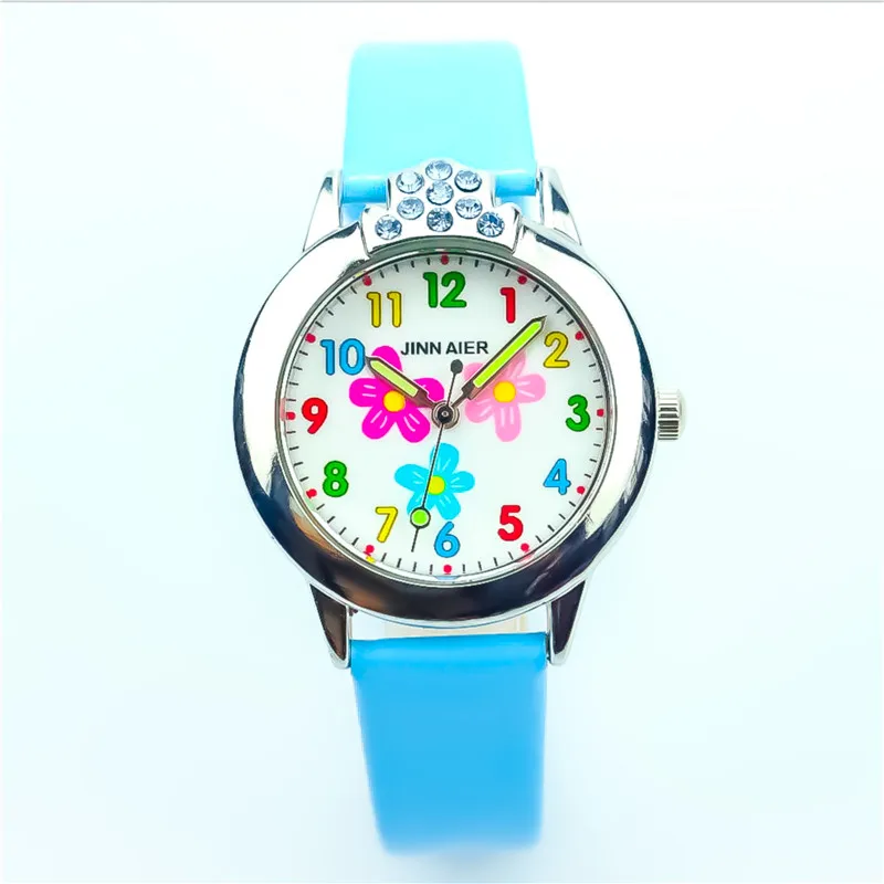 Nazeyt new little boys and girls lovely flower dial with crystal quartz watch children leather with diamond best gift clock