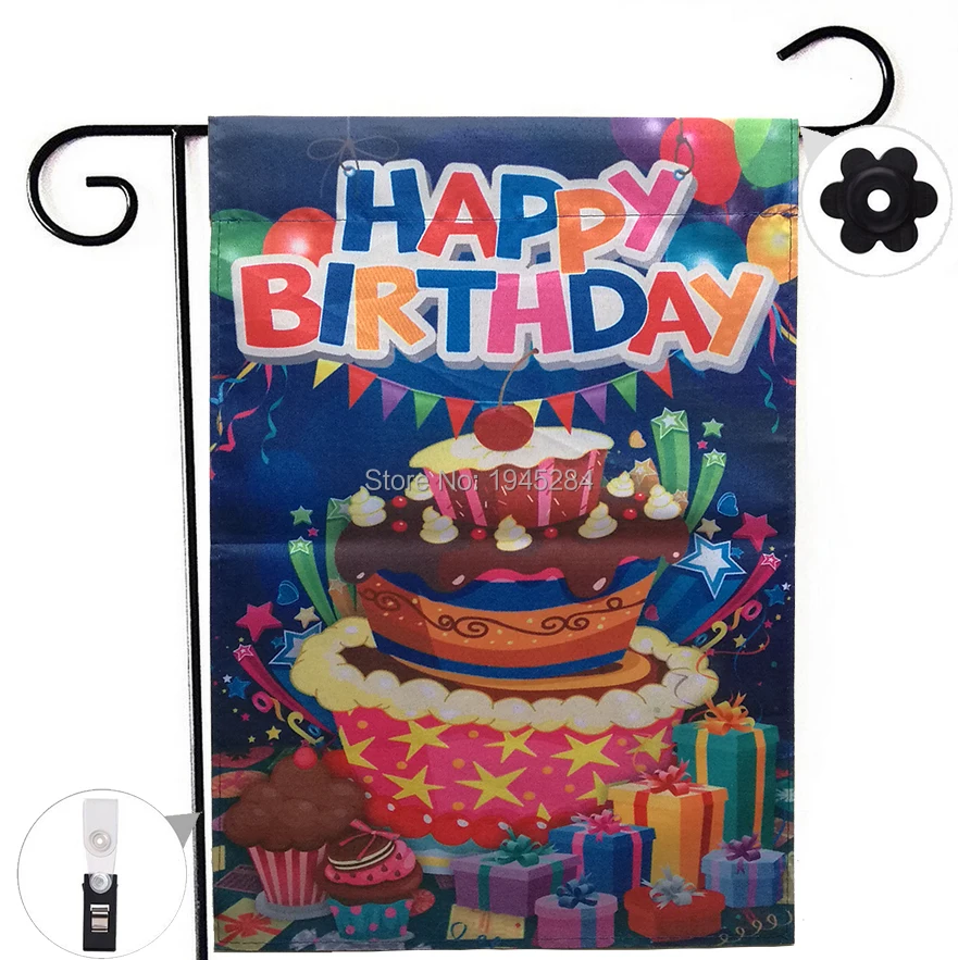 Double-sided Happy Birthday Cake Garden Flag Banner with Windproof Rubber Stopper Clip 12''x18'' 30x45cm