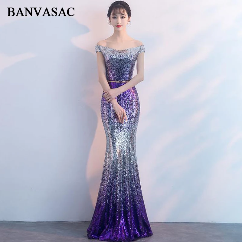 

BANVASAC Boat Neck Gradient Color Sequined Mermaid Long Evening Dresses Party Off The Shoulder Backless Prom Gowns