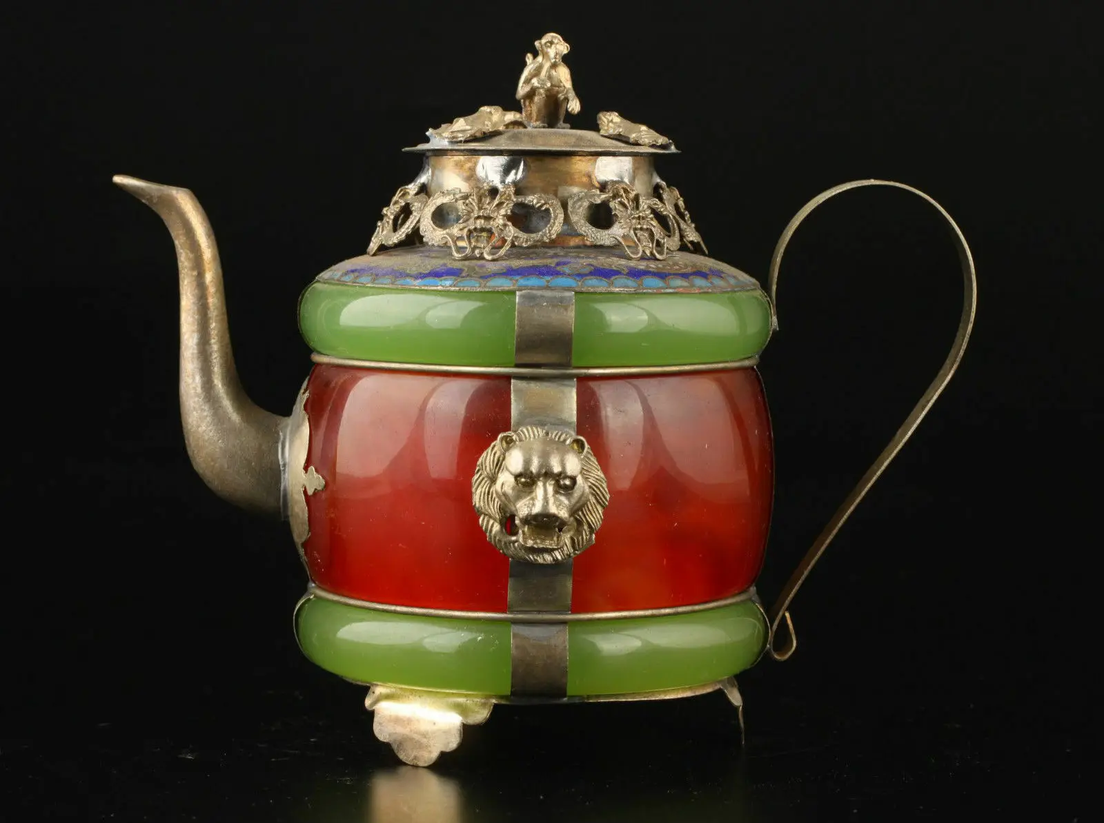 

Chinese Handwork Old Green & Red Jade Inlay Tibet-silver lion Teapot