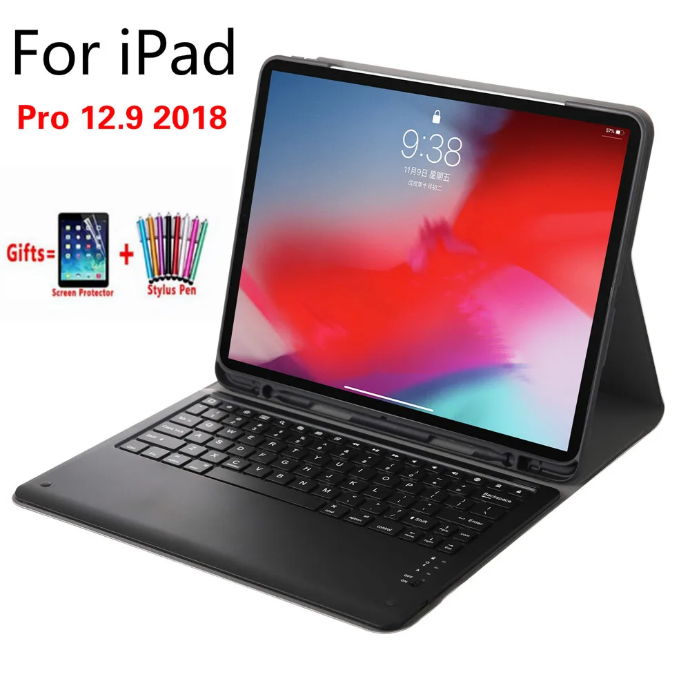 

Removeable Wireless Bluetooth Keyboard case For iPad Pro 12.9 2018 Slim Smart Stand Leather Case Cover With Pencil Holder + Flim