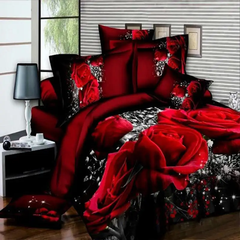 4pc/set 3D Big Red Rose Floral Bedding Sets Wedding Soft Duvet Cover Sheet Pillow Cases Bed Set Queen Bed Linen