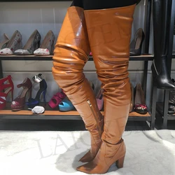 LAIGZEM FASHION Women Thigh High Boots Chunky Thick Heels Pointy Toe Long Boots Zipper Botines Bottes Femme Mujer Big Size 4-14