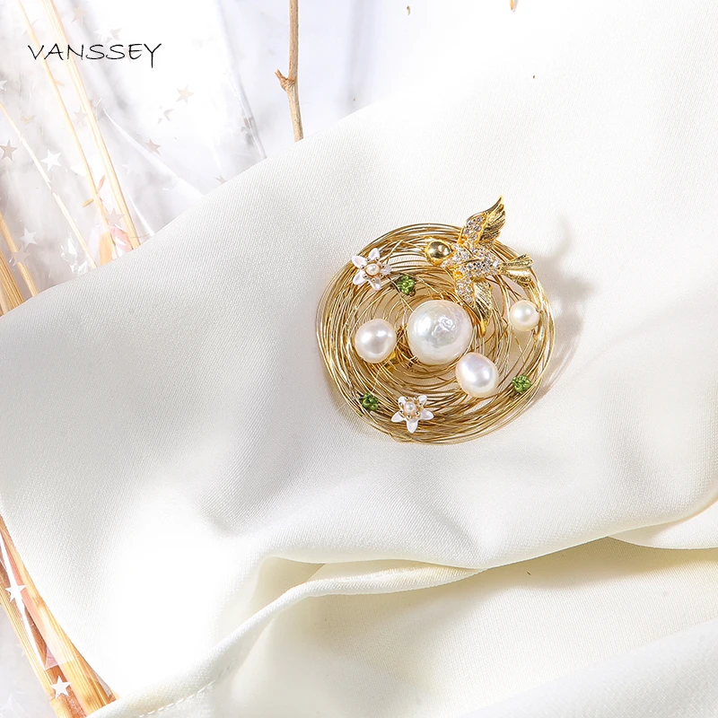 Vanssey Fashion Jewelry Handmade Flower Bird Nest Egg Natural Baroque Pearl Brooch Pins Wedding Accessories for Women 2019 New