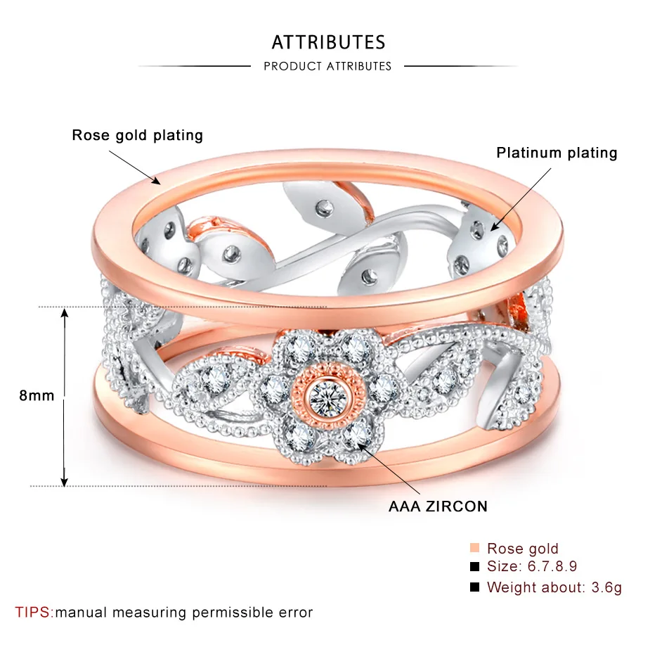Flower Vine Leaves Ring Micro-inlaid AAA Zircon Double Layer Two-tone Ring Wedding Rings for Women Fashion Lucky Gift Jewelry