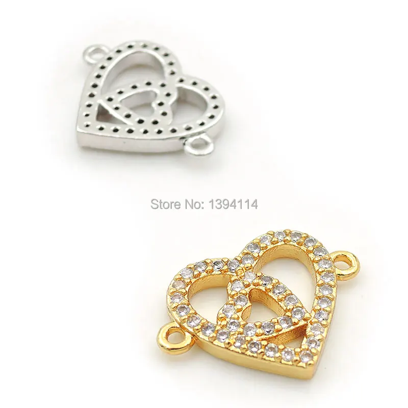 17*12*2mm Micro Pave Clear CZ Combination Connector Of 2 Varying Hearts Fit For Women As DIY Bracelets Accessory