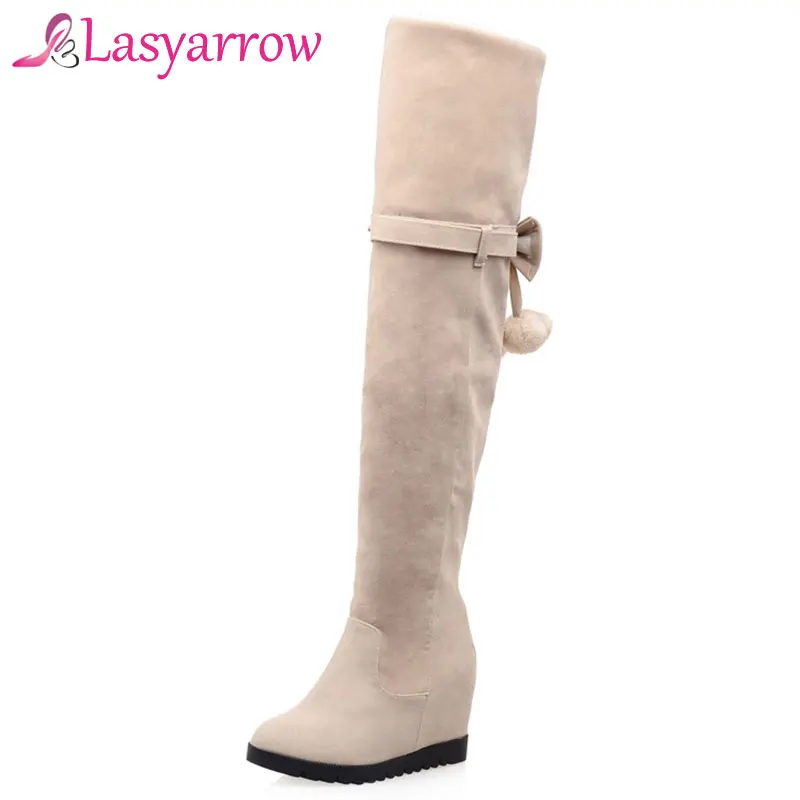 Lasyarrow Women\'s Thigh High Boots Ladies Footwear Height Increasing Round Platform Winter Snow Boots Fashion Over the Knee Boot