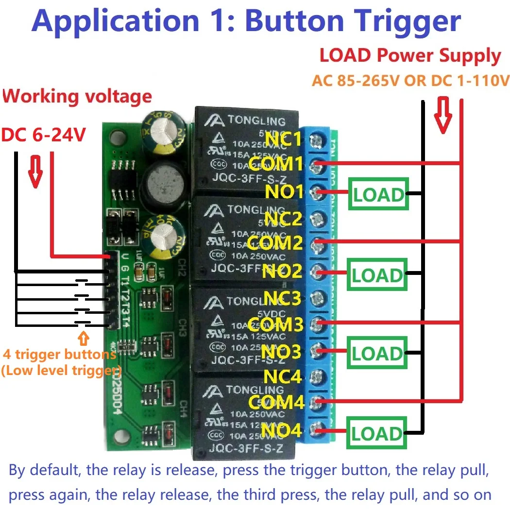 4x DC 6V 9V 12V 24V 4ch Flip-Flop Latch Relay Board Bistable Self-locking  Electronic Switch Module