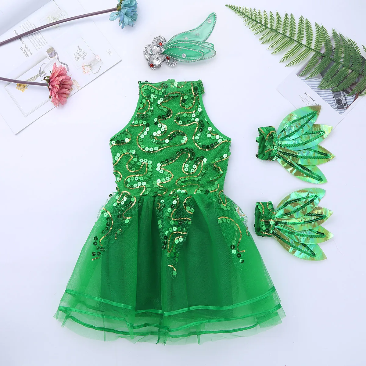 Sequins Ballet Tutu Dress Kids Girls Green Halter Jazz Dance Costume Outfits Shiny Tulle Sleeveless Stage Dancing Leotards