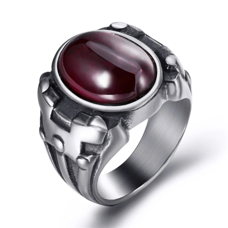 Elfasio Men Oval Red Synthetic Ruby Turquoise Black Onyx Zircon Stainless Steel Ring Vintage Gothic Jewelry