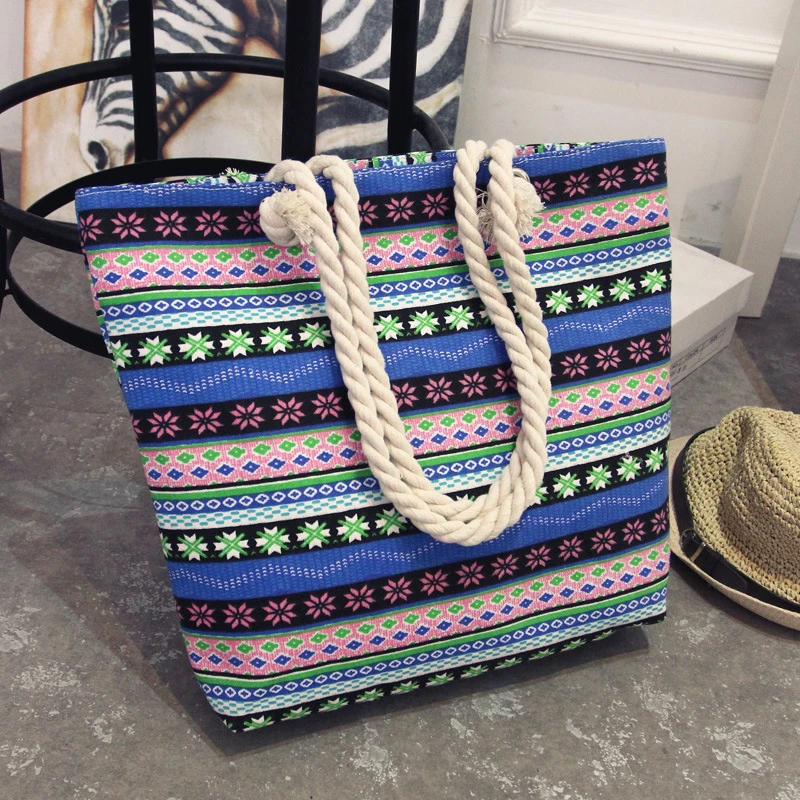 Summer Women Canvas Bohemian Style Casual Tote Shopping Big Bag Female Striped Shoulder Beach Bag floral Messenger Bags