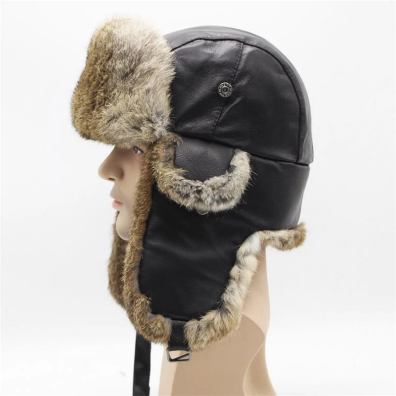 IANLAN Winter Real Fur Skiing Hats Unisex Rabbit Fur Bomber Hats for Men Women Real Sheep Leather Top Russian Ushanka IL00425