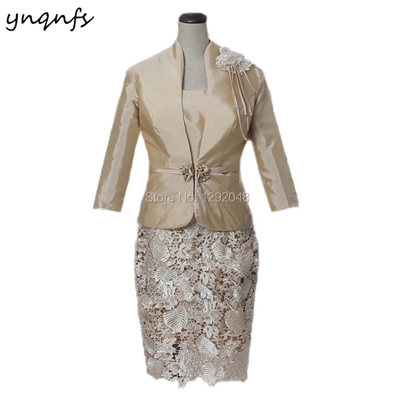 

YNQNFS M93 Taffeta Lace Champagne Two Piece Mother of the Bride Dresses with Jacket Bolero Groom Mother Gown Outfits