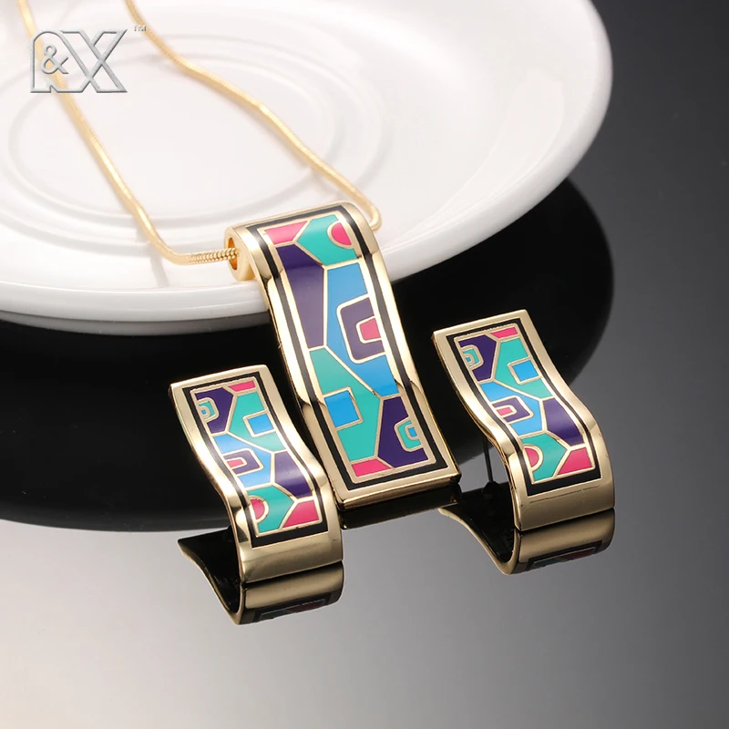 R&X Fashion Necklace/Earrings F252-f257 Girls Jewelry Sets Anniversary Fine Costume Sieraden Sets Enamel Jewelry Necklace Set CC