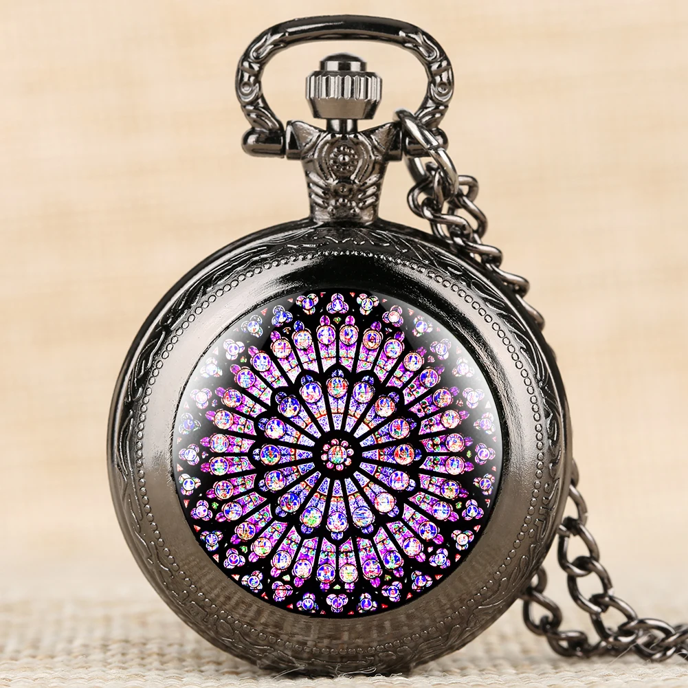 The Rose Window Stained Glass Pocket Watches Gorgeous Notre Dame De Paris Necklace Pendant Clock Souvenir Gifts for Men Women