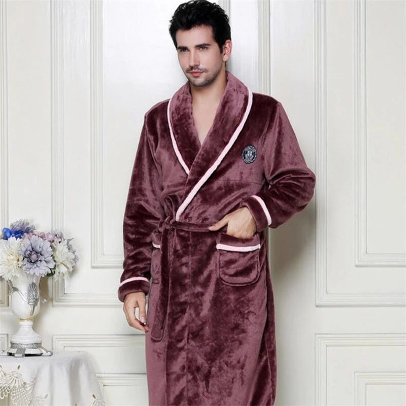 

IANLAN Mens Winter Flannel Bathrobe Long Coral Fleece Nightgowns for Male Solid Thick Sleepwear with Waistband IL00440B