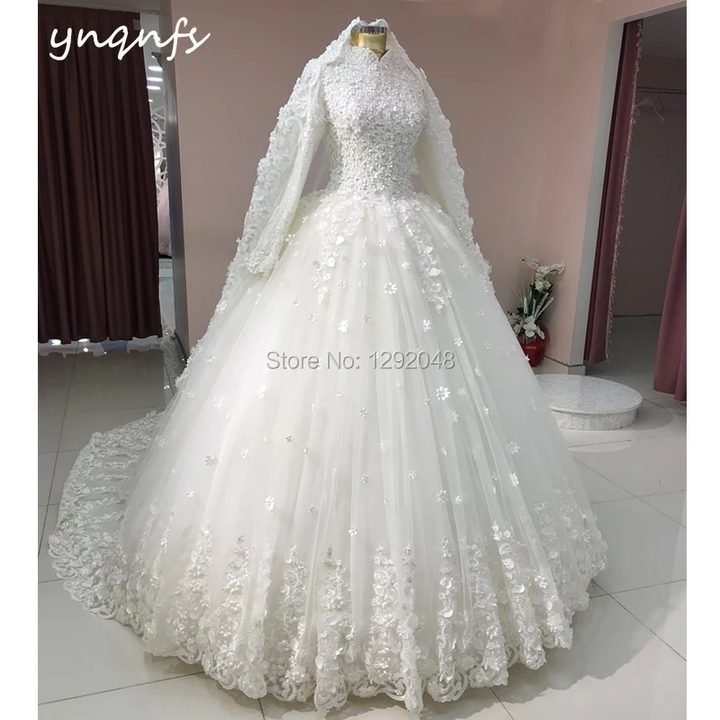 YNQNFS MW27 Robe de Mariee Princesse de Luxe Dubai 1m Long Tail Long Sleeve Muslim Wedding Dress Ball Gown Bridesmaid 2020