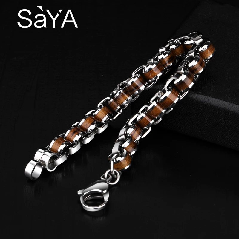 Men Fashion Bracelets Tungsten Carbide Links Chain Bracelets Inlay Natrual Wood Length 18.5/19.5/20.5cm