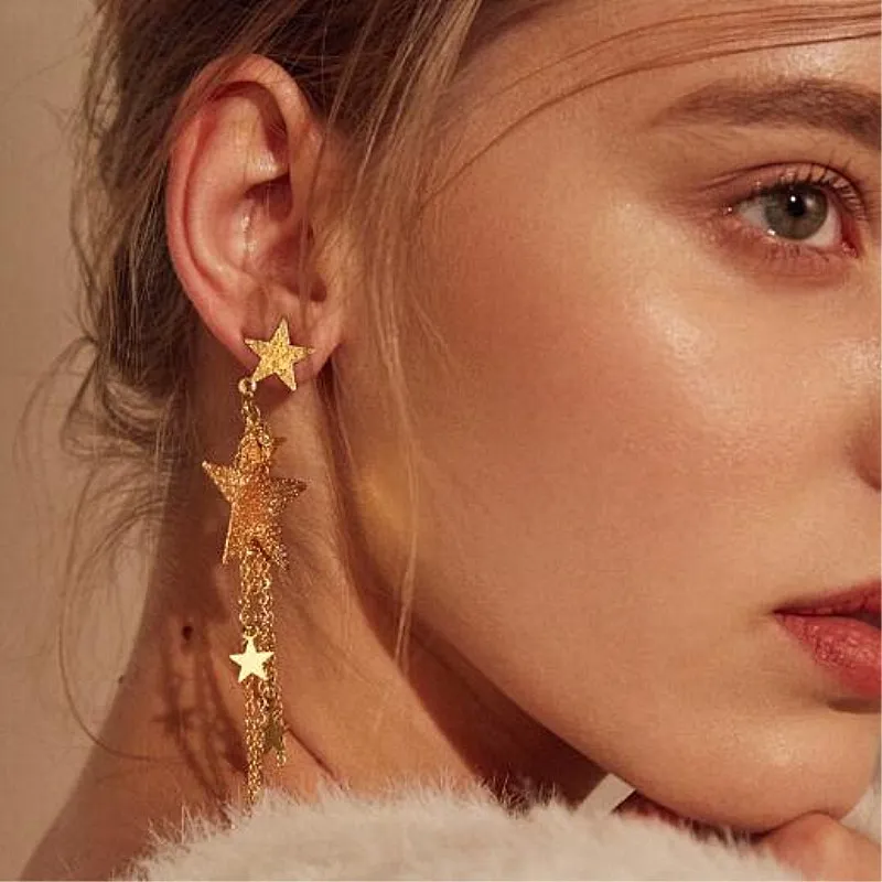 Fashion Women Star Long Tassel Earrings Bijoux Golden Color Creative Geometric Metal Five-pointed Dangle Drop Earrings Jewelry