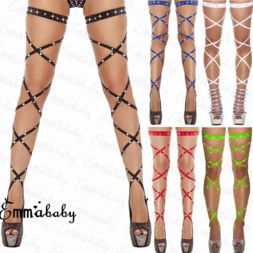 New Women Girls Solid Sexy Lingerie Bandage Fishnet Stockings Thigh-High Rhinestone Leg Wraps