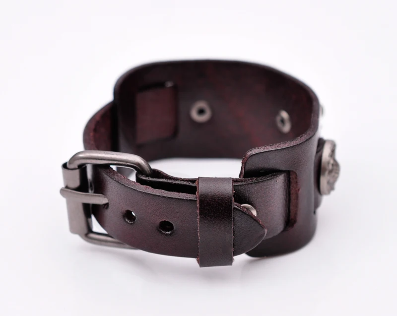 Metal Longhorn Bull Studded Genuine Punk Quality Wide Cowhide Leather Bracelet Cuff Wristband Bangle Brown