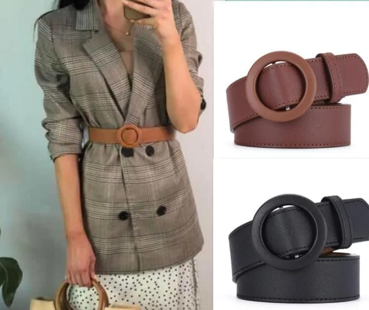 

New Women Fashion Circle Buckle PU Leather Belt Women Chic Pure Color Faux Leather Belts