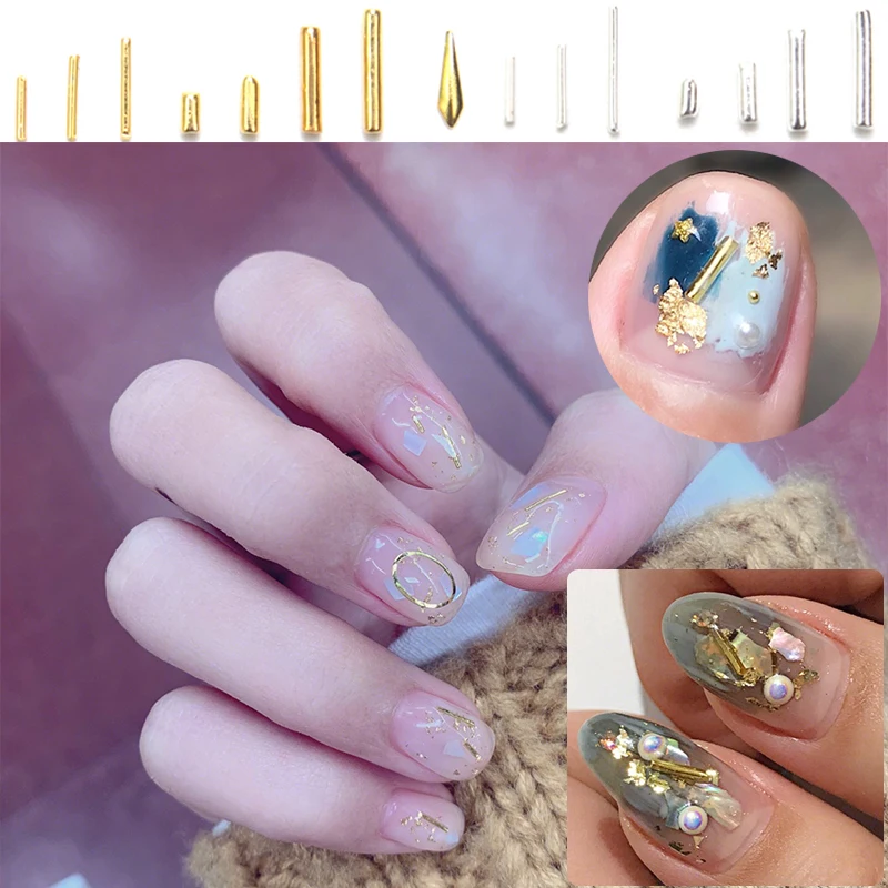 100 Pcs/Lot Gold Bar Metal Rivet Japanese 15 Rivet Metal Alloy 3D DIY Nail Adornment Nail Ornaments