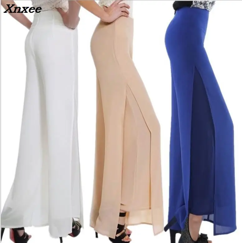 

Women wide leg pants high waist double chiffon loose soft dance pants bell bottom casual pants Xnxee