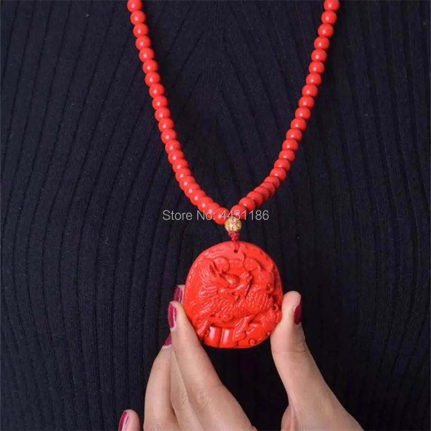 Hand-Carving Lucky Mythical Kylin Natural Cinnabar Pendant Bead Necklace Men Amulet Ornament *Free Gift Box