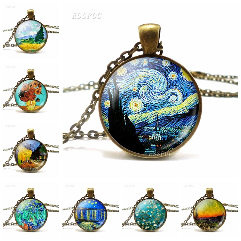 Van Gogh Art Oil Painting Starry Night Sunflower Necklace Glass Cabochon Jewelry Beautiful Pendant Bronze Necklace Birthday Gift