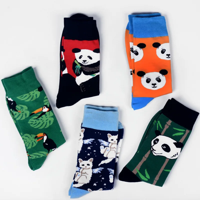 Men Socks Cartoon Kitty Bird Chinese Panda Cute Funny Street Style Colorful Happy Skate Harajuku Hip Hop Male Casual Cotton Sock