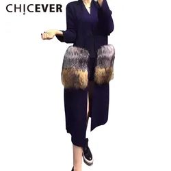 [CHICEVER] 2024 Winter Women Attachable Big Fur Pocket Knitted Long Coats Female Windbreaker Casual Cardigan Loose Tops Clothes