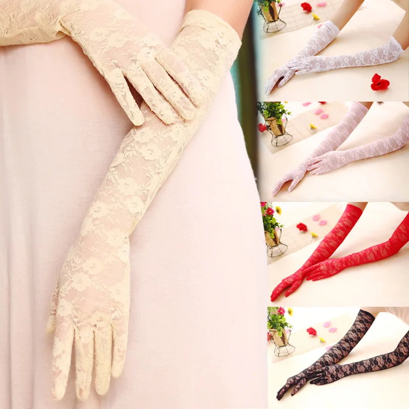 

Sexy lace gloves women's summer sunscreen thin long UV blocking gloves black white pink Lace Gloves drop shipping