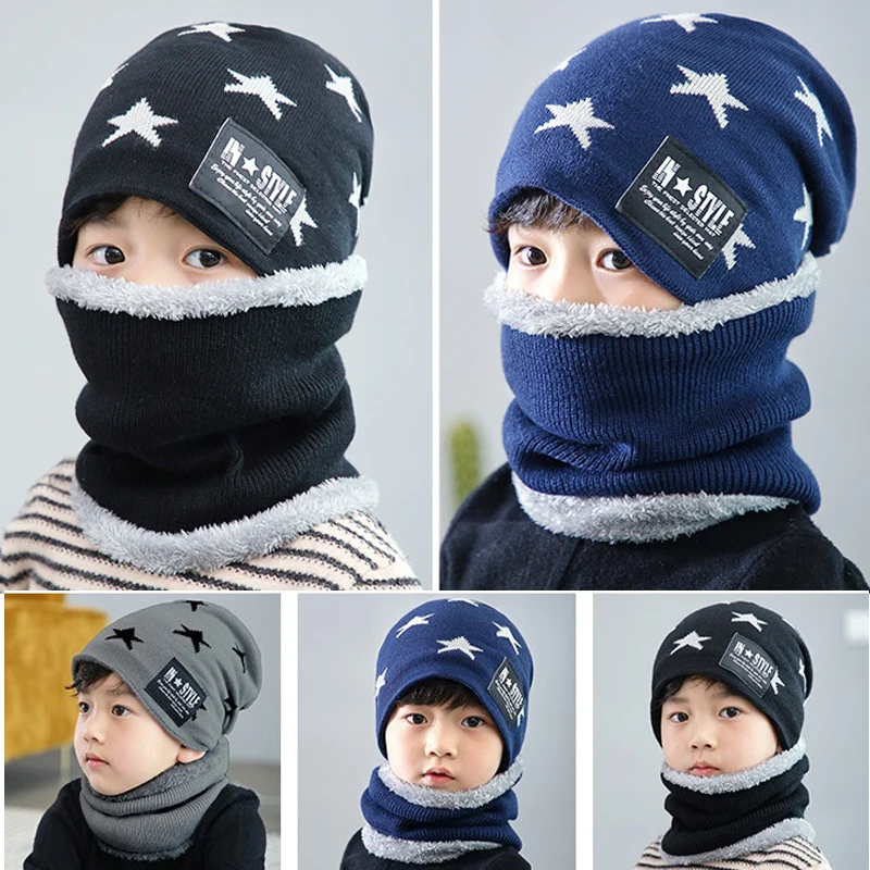 Balaclava Children Winter Warm Knitted Hat Cap with Scarves Thickened Wool for 3-6-10 Years Old Boys Windproof Outdoor Sports