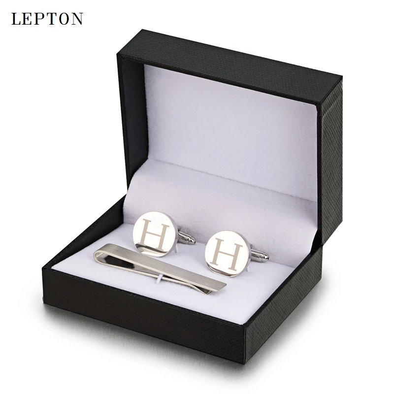 

Lepton Round Laser Letter Cufflinks And Tie Clips Set Letters H Cuff links For Mens French Shirt Cuffs Cufflink Relojes Gemelos