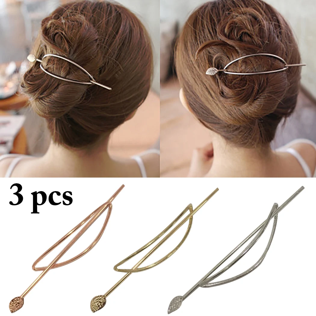 3pcs Gold   Plated Metal Hair Pins Clasp Jewelry Leaf Hair Sticks Hairpins and Clips Hair Accessories Ornament for Women