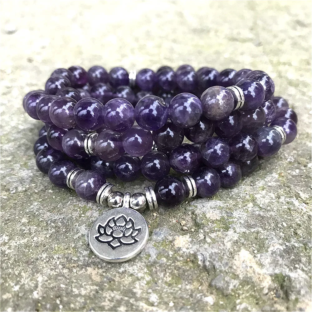 8mm Natural Beads Amethysts 108 Mala Bracelet or Necklace OM Lotus Charm Yoga Bracelet Handmade Jewelry Purple