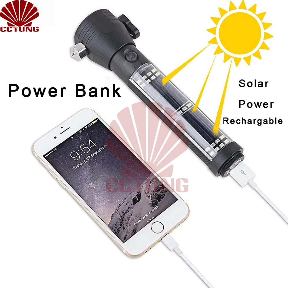 Solar Power USB Rechargeable LED Flashlight with Outdoor Emergency Hammer Safe-belt Cutter Compass Aid & Warning Sign Power Bank