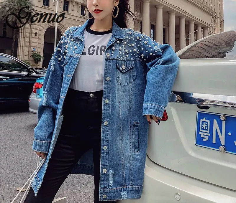 

SexeMara fashion The New Loose Beading Hole Washed denim jacket Fast shipping